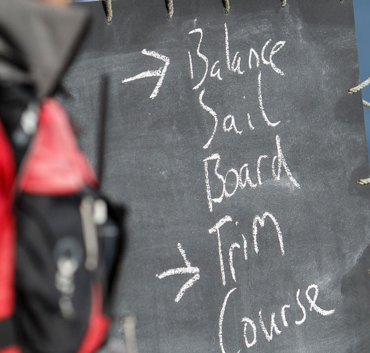Close up of chalkboard saying balance, sail, board, trim, course