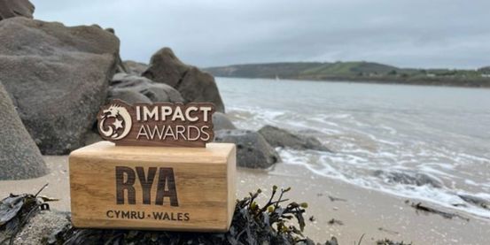 Wooden RYA CW Impact Award on a beach next to the sea.